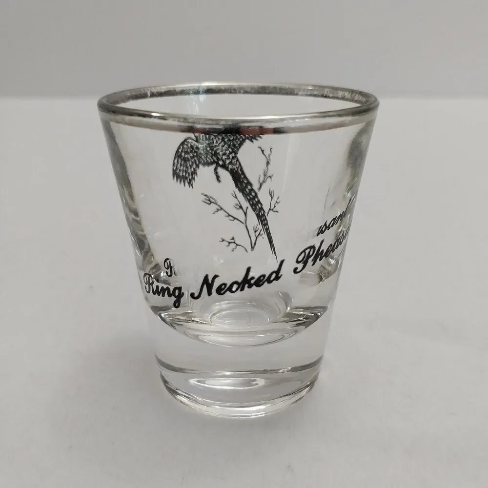 Vintage Federal Glass Shot lass Long Neck Pheasant Print Silver Rim #K004
